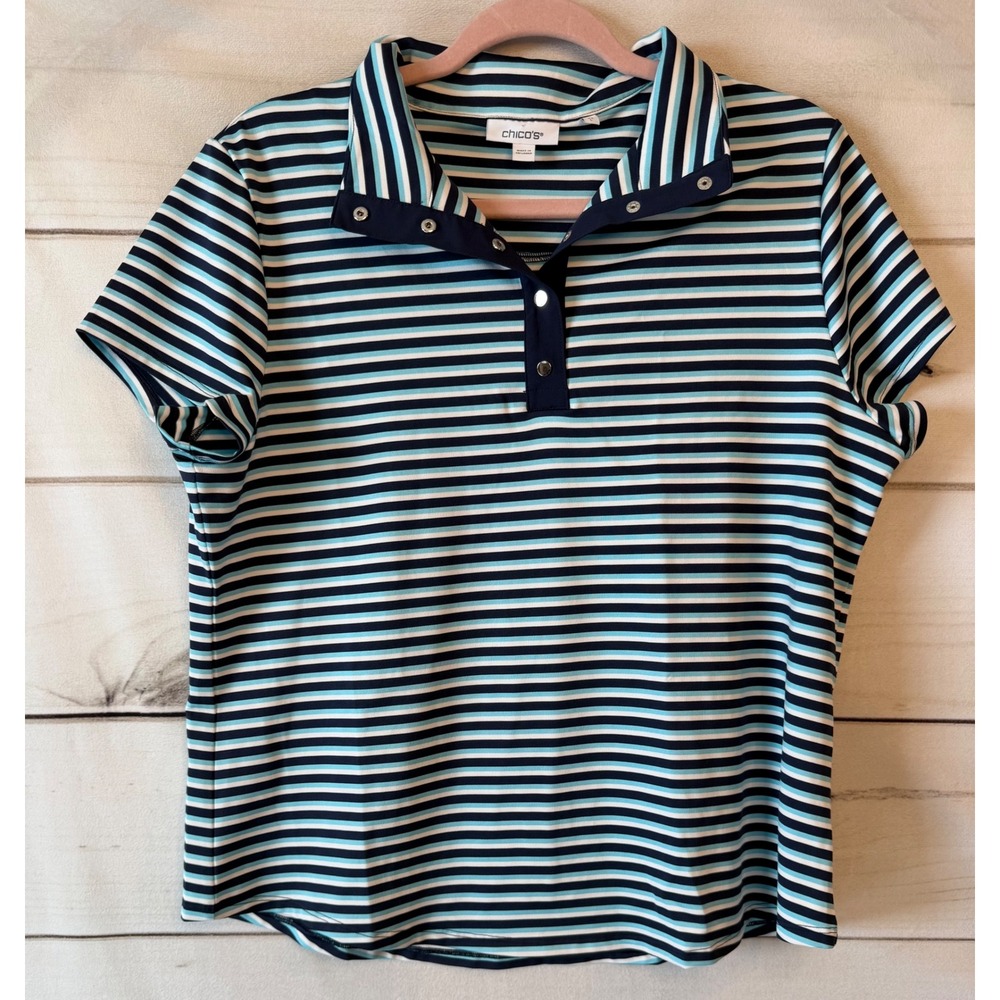 Chicos Striped Snap Button Polo Shirt Navy Blue White Light Blue Women Size 2 L